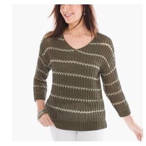 Chico's Women Olive Green W\Silver Open Knit Striped Sweater Pullover Size 0